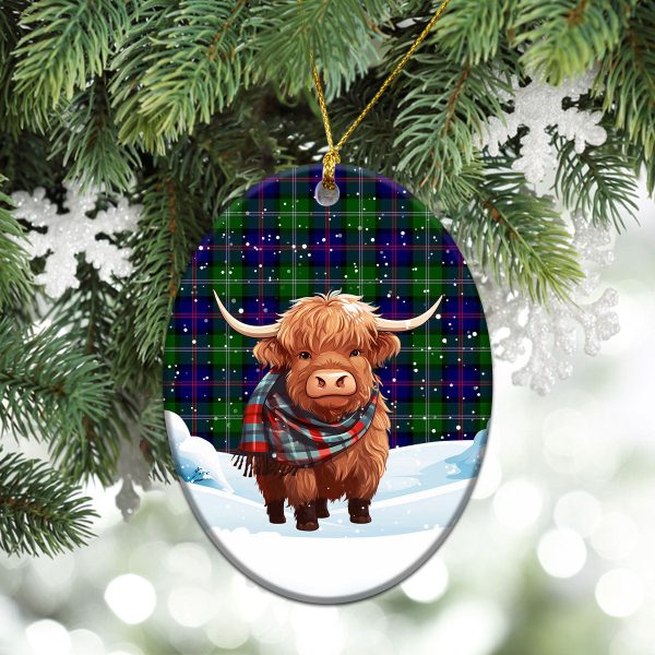 MacThomas Modern Tartan Christmas Ceramic Ornament - Highland Cows Snow Style Online Sale - Image 3