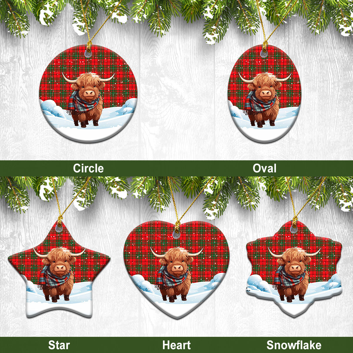 McAulay Modern Tartan Christmas Ceramic Ornament – Highland Cows Snow Style For Sale