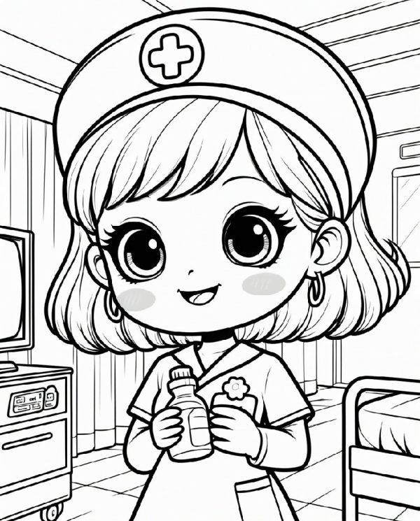 A cute kawaii-style nurse as a coloring page Online now